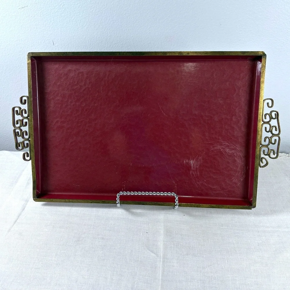 Vintage Kyes Pasadena Moire Glaze Serving Tray Burgundy Red Brass Handles MCM